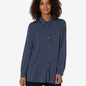 Eileen Fisher Black Tencel Button Down High Low Blouse
